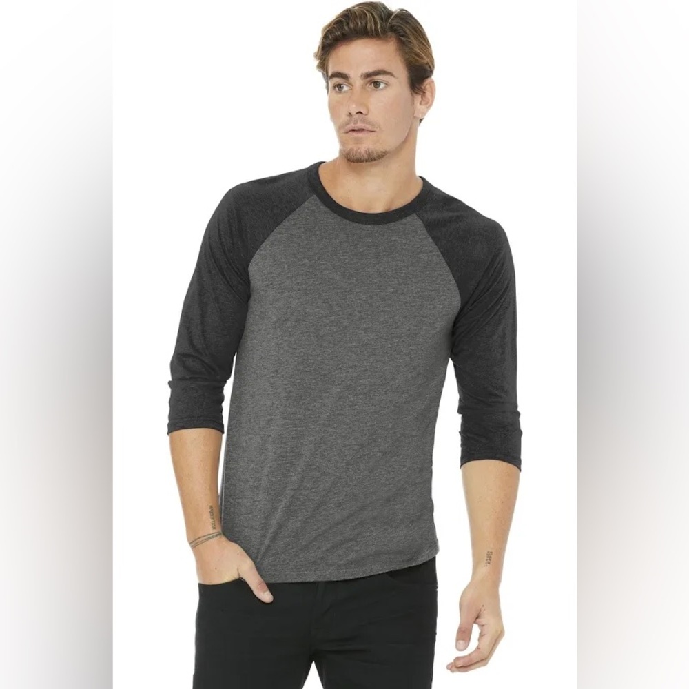 NWOT Bella Canvas 3/4 length sleeve baseball tee black and charcoal gray Sz Med.